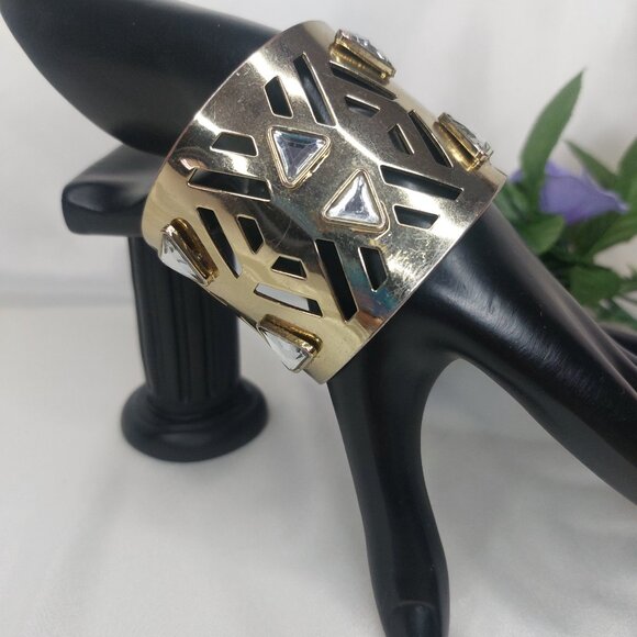 Gold Tone Wide Cuff Bracelet Geometric Cutouts Rhinestones Shiny Bold Like New - Picture 6 of 7